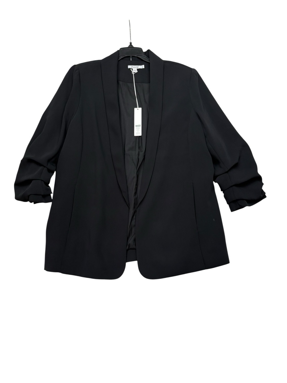 Chicos size 2 12 new soft jacket Black Open-Front Blazer ruched sleeves business